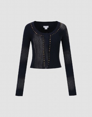 Urban Revivo Studded Decor Knitted Women's Cardigan Blue | CHH9222KC