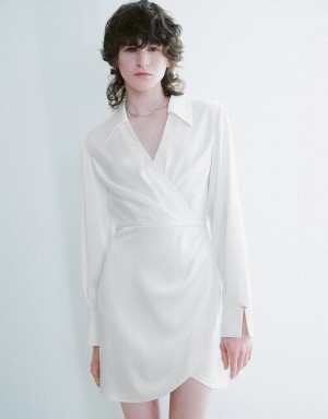 Urban Revivo Surplice Front V-Neck Straight Women's Dress White | NZO2199XS