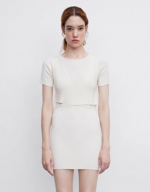 Urban Revivo Surplice Tie Front Knit Women's Dress White | RVU8112VD