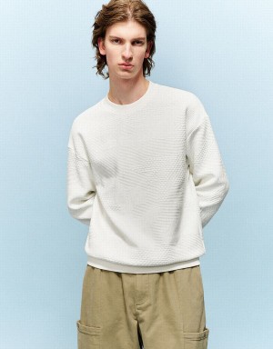 Urban Revivo Textured Crew Neck Men's Sweatshirts White | UMU1160PA