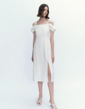 Urban Revivo Textured Off Shoulder Skater Women's Dress White | QNL779PQ