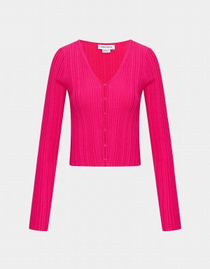 Urban Revivo Textured Rib Knit Women's Cardigan Rose Red | LMG6061MG