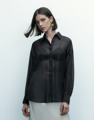 Urban Revivo Thin Button Up Loose Women's Shirts Black | KIY4068JL