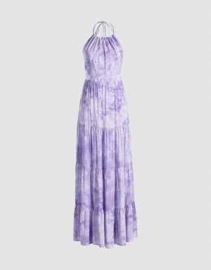 Urban Revivo Tie Dye Tiered Backless Halter Women's Dress Purple | LKW6747VG