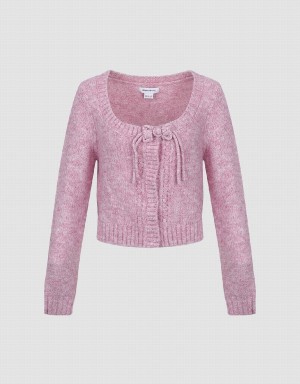 Urban Revivo Tie Front Crew Neck Knitted Women's Cardigan Pink | QHU3868CI