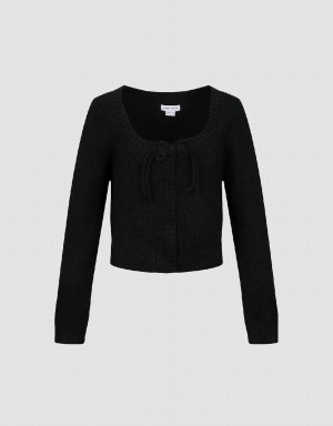 Urban Revivo Tie Front Crew Neck Knitted Women's Cardigan Black | UBR1964TM