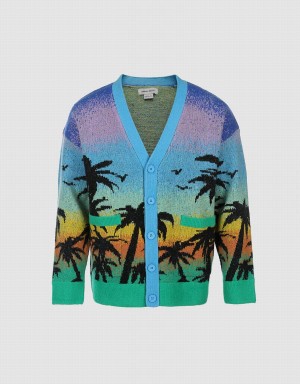 Urban Revivo Tropical Pattern Knitted Men's Cardigan Blue Multicolor | GOB1134RC