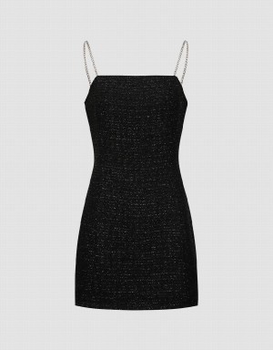 Urban Revivo Tweed Off-Shoulder A-Line Cami Women's Dress Black | QZB6716KV