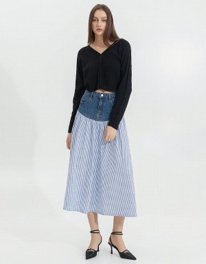 Urban Revivo Two Toned A-Line Denim Women's Skirts Blue | OUW234OP