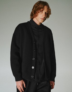 Urban Revivo V-Neck Knitted Men's Cardigan Black | CGJ3646VB