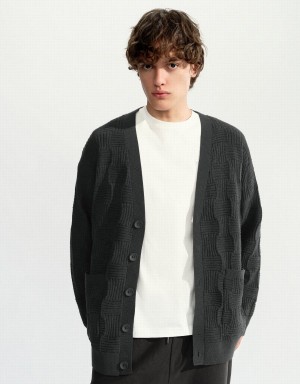 Urban Revivo V-Neck Knitted Men's Cardigan Dark Grey | SBJ78100QI