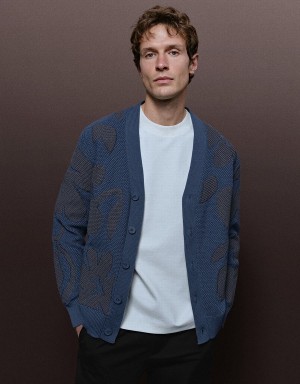 Urban Revivo V-Neck Knitted Men's Cardigan Blue | TRG2167WL