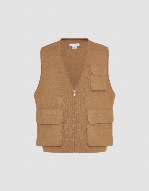 Urban Revivo V-Neck Knitted Waistcoat Men's Coats Khaki Brown | MTJ1352WO