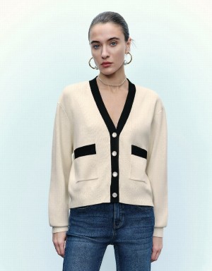 Urban Revivo V-Neck Knitted Women's Cardigan Beige | BNY56LJ