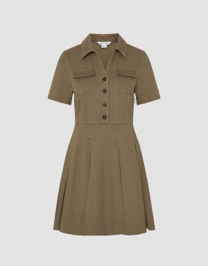 Urban Revivo V-Neck Pleated A-Line Women's Dress Khaki Brown | LWX4478OM