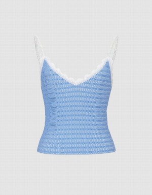 Urban Revivo V Neck Knitted Cami Women's Tank Top Blue | QQV7422UD