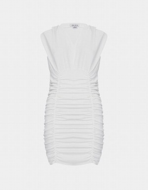 Urban Revivo V Neck Ruched Sleeveless Bodycon Women's Dress White | YCX8412ZP