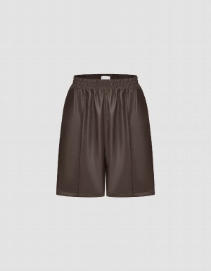 Urban Revivo Vegan Leather Elastic Waist Women's Shorts Brown | ZXQ506HS