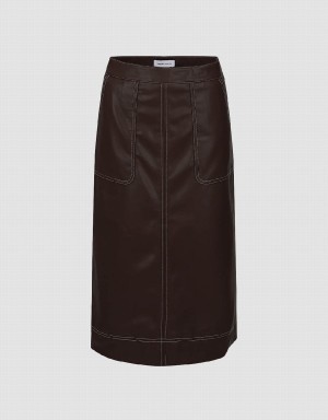 Urban Revivo Vegan Leather Midi Straight Women's Skirts Brown | ILK4879MW