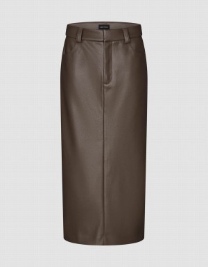 Urban Revivo Vegan Leather Midi Straight Women's Skirts Brown | SFO8352TV