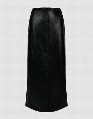 Urban Revivo Vegan Leather Midi Straight Women's Skirts Black | FLO758VB