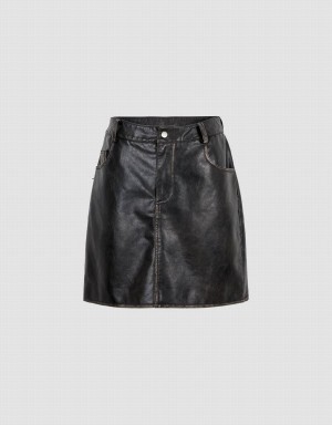 Urban Revivo Vegan Leather Mini A-Line Women's Skirts Black | NQX3543UZ