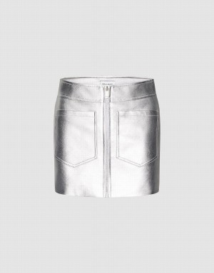 Urban Revivo Vegan Leather Mini A-Line Women's Skirts Silver | RLI1647PJ