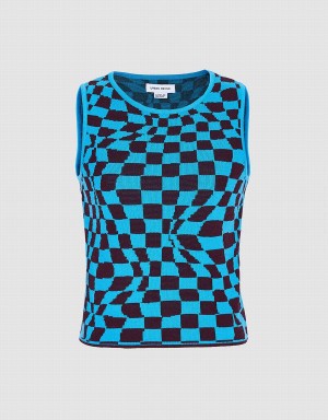 Urban Revivo Wavy Checkered Knitted Women's Tank Top Blue | YPE7040ZJ