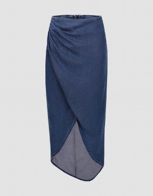 Urban Revivo Wrapped Straight Midi Denim Women's Skirts Blue | NPM4457QT