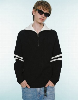 Urban Revivo Zip Half Placked Knitted Men's Cardigan Black | TIP466OQ