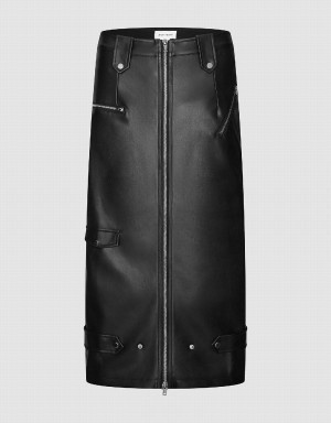 Urban Revivo Zip Up Midi Vegan Leather Women's Skirts Black | MSL9481DG