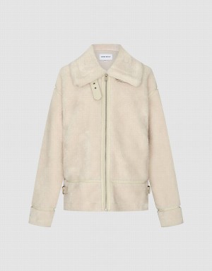 Urban Revivo Zipper Front Furry Women's Coats White | YEC9484GI