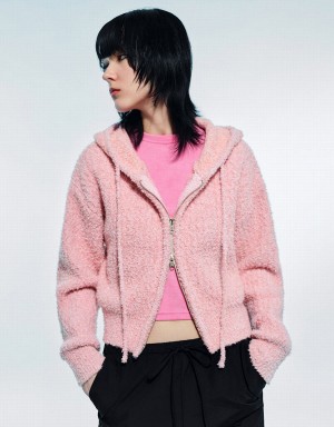 Urban Revivo Zipper Front Hooded Knitted Women's Cardigan Pink | MFW7345JF