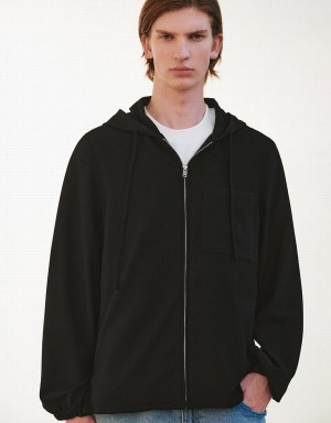 Urban Revivo Zipper Front Men's Hooded Jackets Black | WNJ6854XU