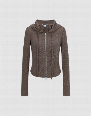 Urban Revivo Zipper Front Skinny Women's Hooded Jackets Dark Brown | CCK7378OR