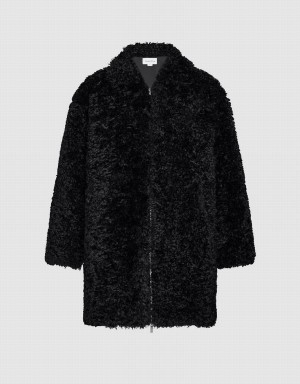 Urban Revivo Zipper Front Straight Furry Women's Coats Black | KFW3527AY