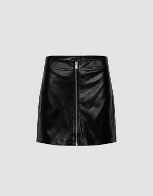 Urban Revivo Zipper Front Vegan Leather Mini A-Line Women's Skirts Black | VIO9544FD