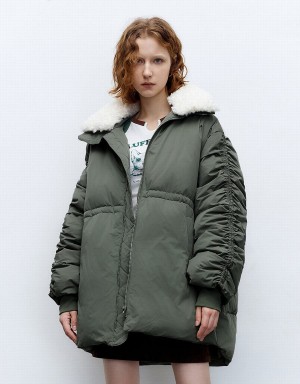 Urban Revivo Zipper Front With Furry Collar Women's Down Jackets Green | MCY6689HD