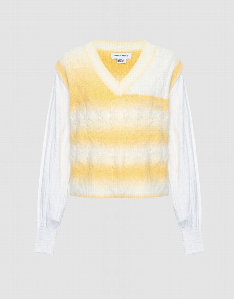 Urban Revivo 2 In 1 Striped Cable Knit Top Women\'s Cardigan White Yellow | KWA8052II