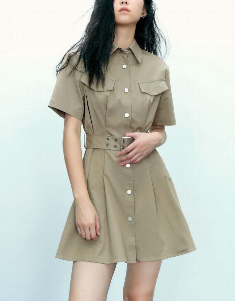 Urban Revivo A-Line With Belt Women's Dress Khaki | KVI2857UB