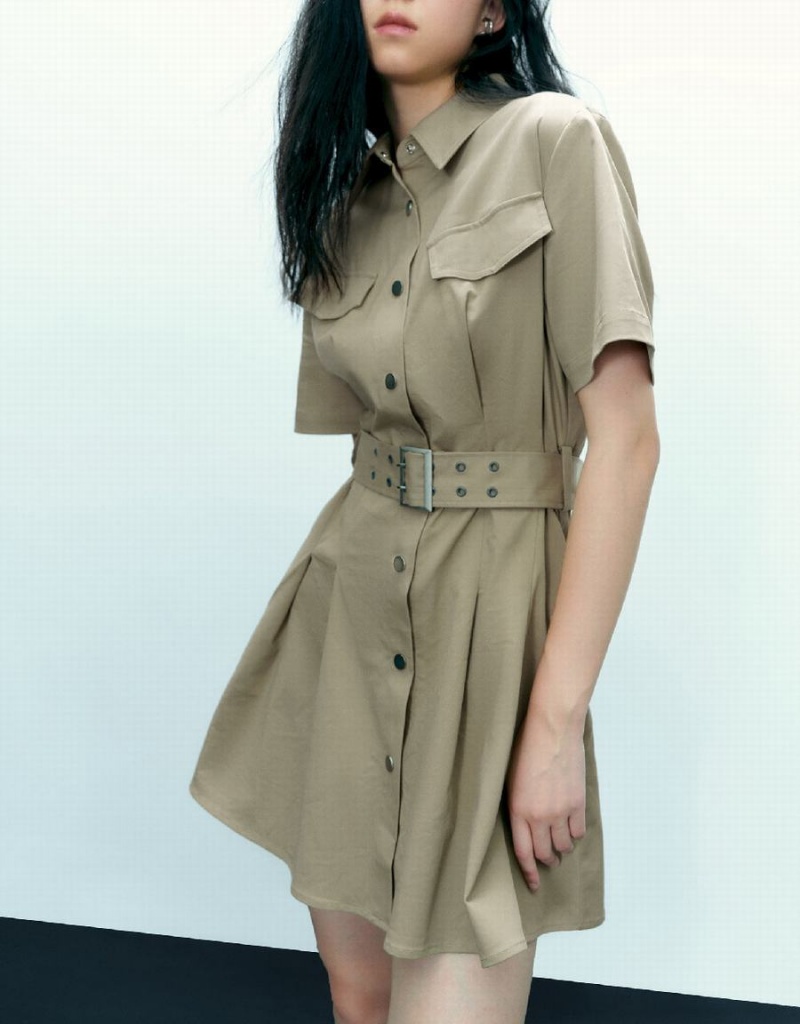 Urban Revivo A-Line With Belt Women's Dress Khaki | KVI2857UB