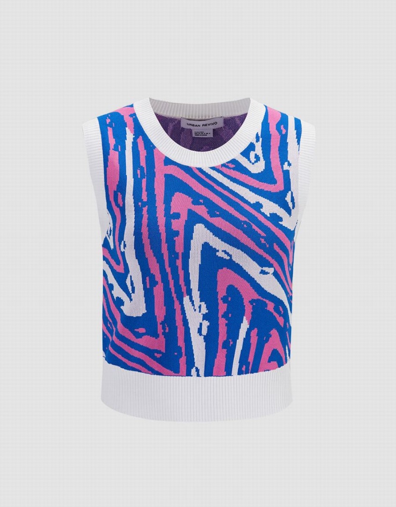 Urban Revivo Abstract Pattern Knitted Women\'s Tank Top Blue Multicolor | KUV9514EY