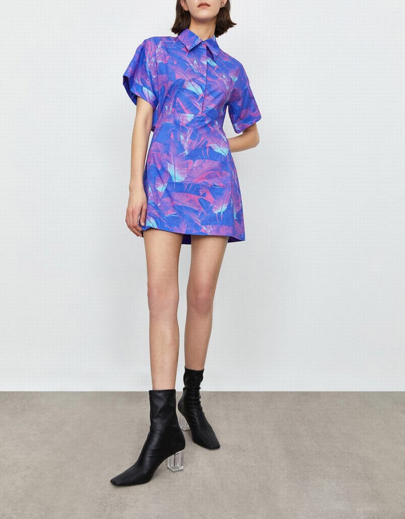 Urban Revivo Abstract Print Drop Shoulder Sleeve Style Mini Women's Dress Purple | MGE8251MY