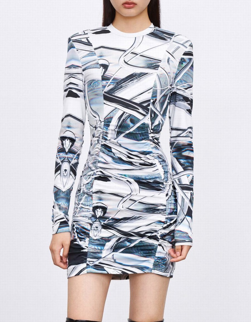 Urban Revivo Abstract Print Ruched Front Bodycon Women's Dress Grey | RDK819CV