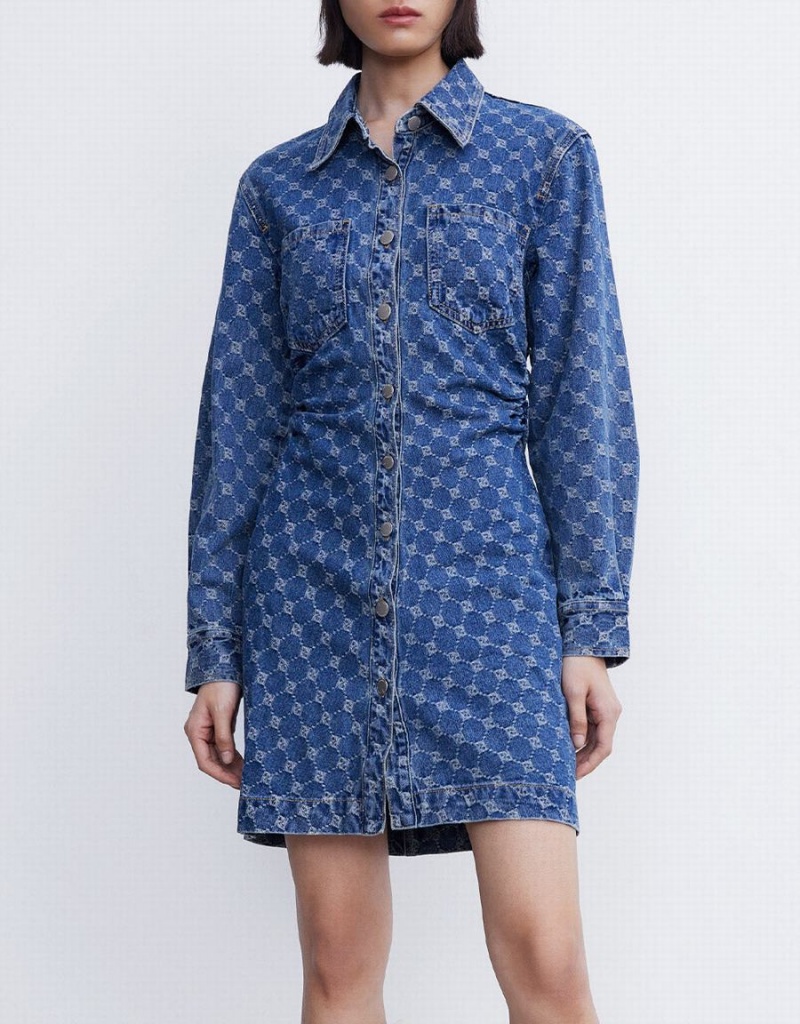 Urban Revivo Allover Jacquard Ruched Button Up Denim Women's Dress Blue | ROK5380JL