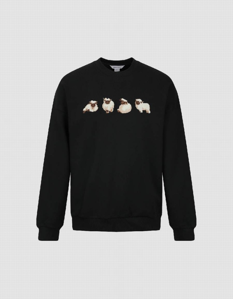 Urban Revivo Animals Printed Crew Neck Men's Sweatshirts Black | XRC42100EX