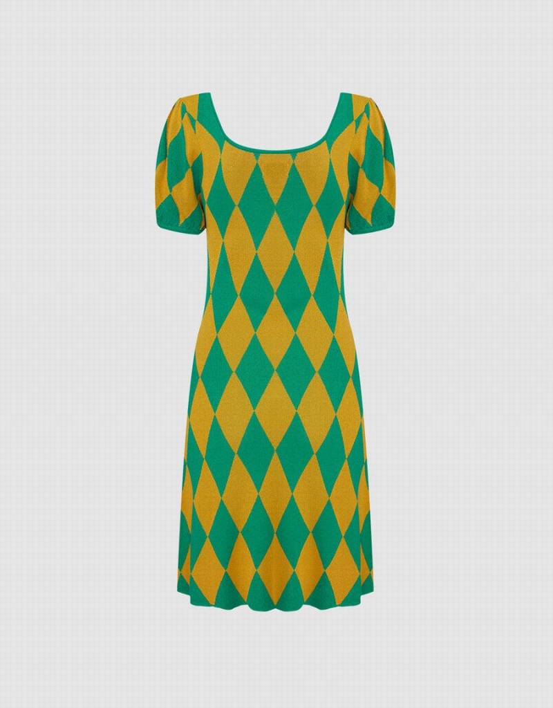 Urban Revivo Argyle Knitted Women's Dress Green | GWI7416DZ