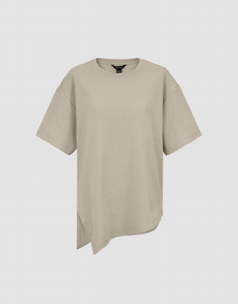 Urban Revivo Asymmetric Hem Crew Neck Knitted Women's T Shirts Khaki | OOM1246JH