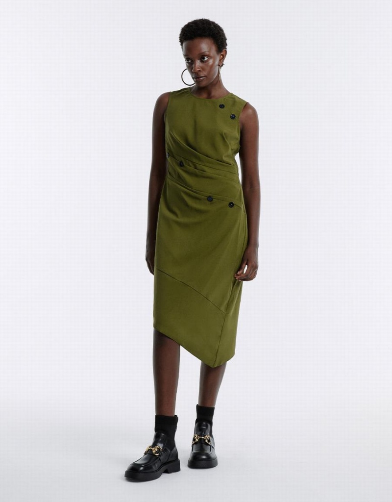 Urban Revivo Asymmetrical Buttoned Midi Women's Dress Green | FAU3437HQ