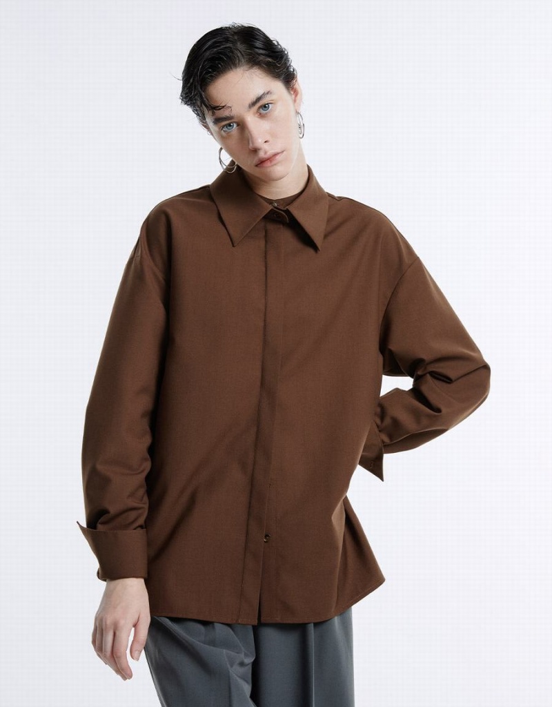 Urban Revivo Basic Button Up Women's Shirts Brown | EUL779KM